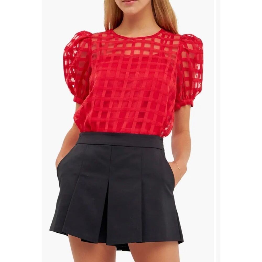 English Factory Windowpane Blouse Small Puff Sleeve Red Size XS NWT